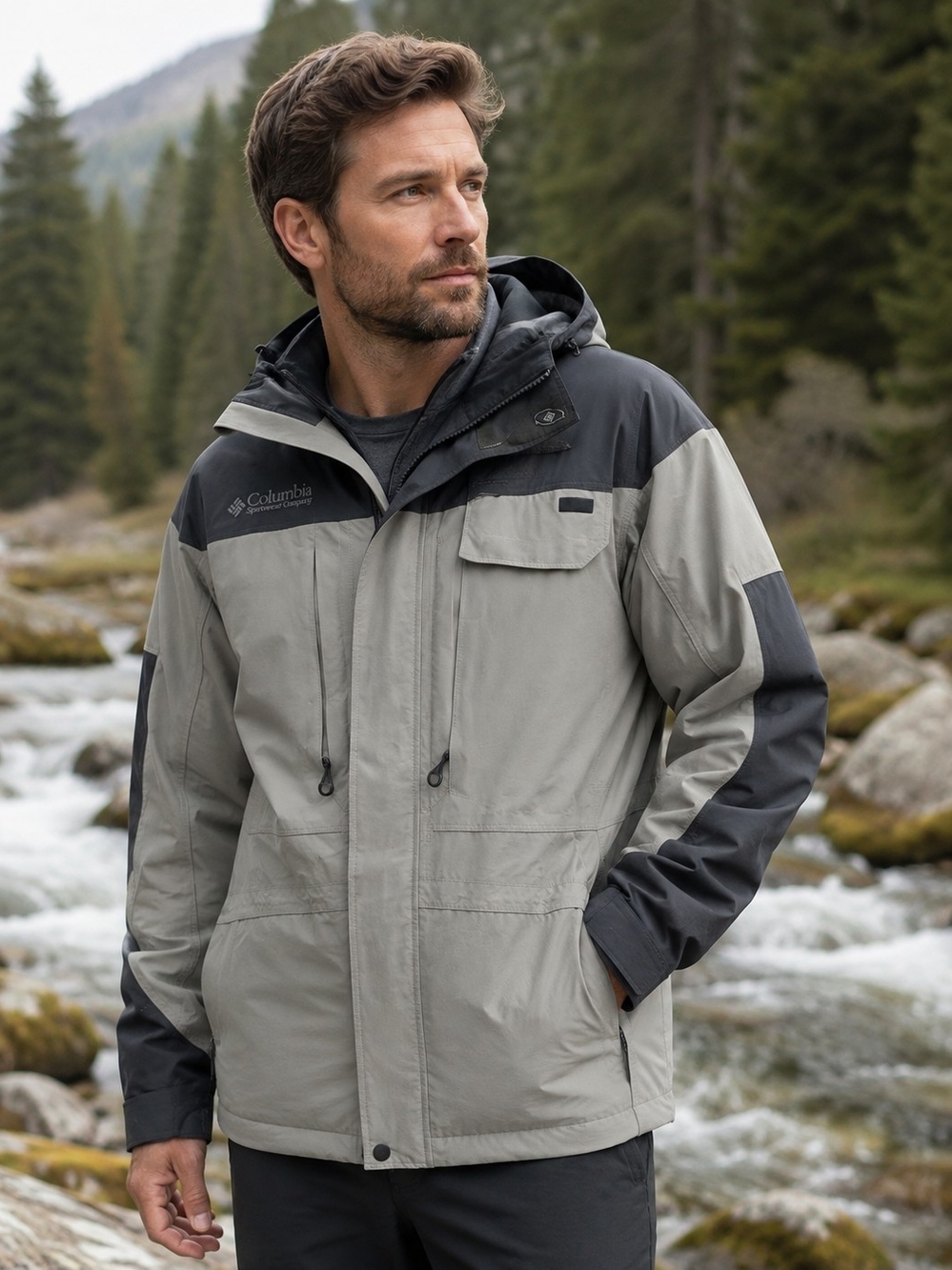 Columbia Men's Two-Tone Gray Hooded Rain Jacket